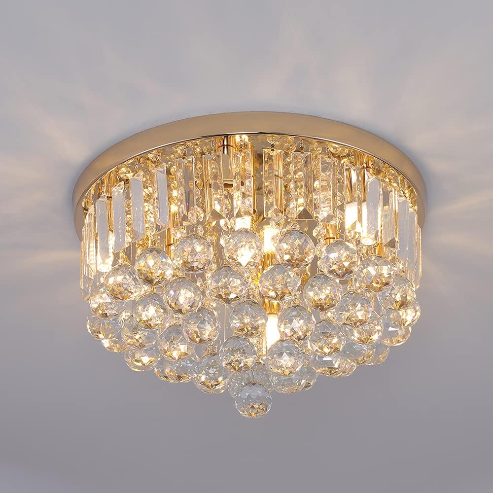 Mini Crystal Chandelier Ceiling Light,Flush Mount Modern Round K9 Crystal Raindrop Ceiling Lighting Fixture for