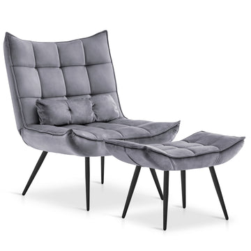 Accent Chair with Ottoman, Modern Velvet Wingback Reading Chair with Lumbar Pillow, Upholstered Lounge Armchair with