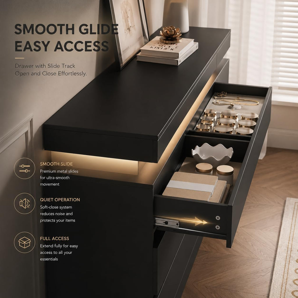6 Drawer Dresser with LED Lights & Charging Station, Modern Floating Black Dresser , Smart Storage Chest with 2 AC