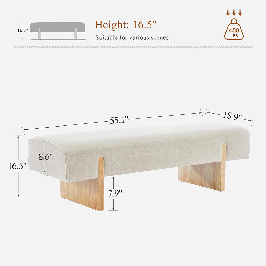 55'' Upholstered End of Bed Bench, Linen Entryway Bench with Solid Wood Legs, Farmhouse Wooden Dining Room Bench