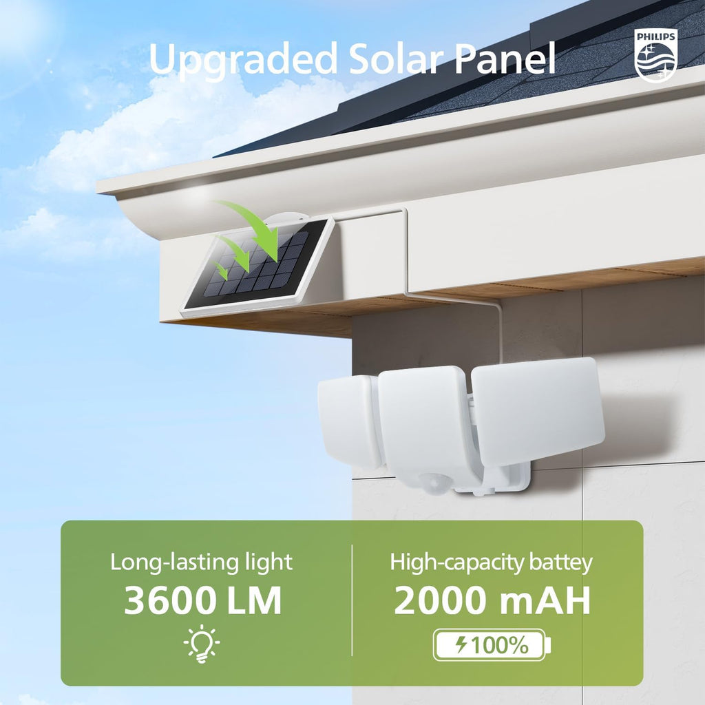 3600LM Solar Security Lights, 5000K Waterproof Dimmable LED Motion Sensor Outdoor Lights, 3 Adjustable Heads w/16ft