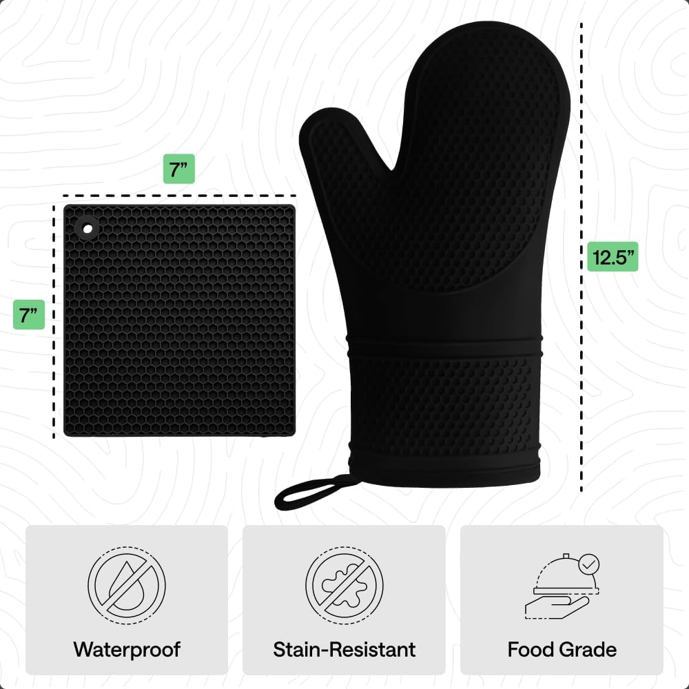 BPA-Free Soft Silicone Oven Mitts and Pot Holders Sets of 4, Heat Resistant Waterproof Cooking Gloves, Thick Cotton