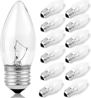 40W Incandescent Torpedo Tip Chandelier with Crystal Clear Incandescent Light Bulbs,Flame Tip Light Bulbs, CFL, LED & Incandescent, E26/E27 Base, Pack of 12, Warm White, CA-12