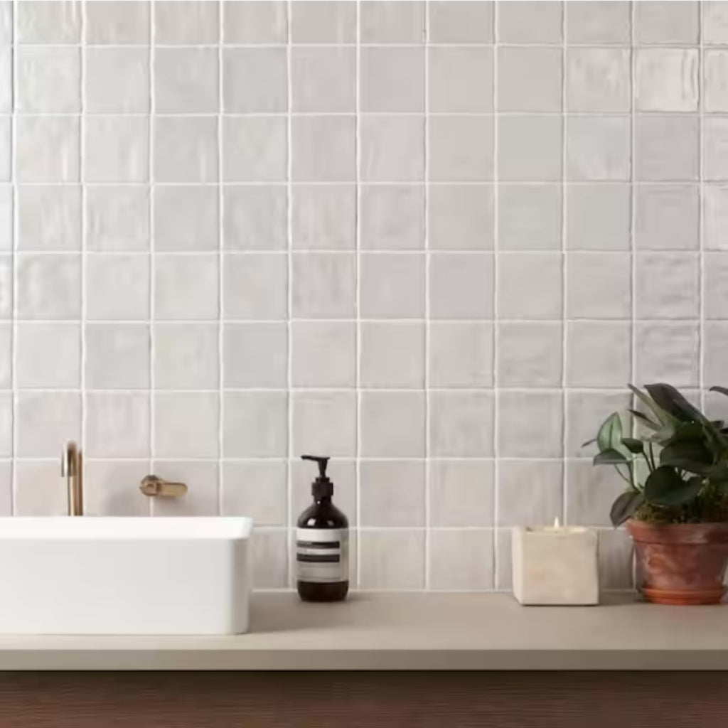 4x4 Inch HTCFD Premium Quality White Matte Zellige Ceramic Tile with Subtle Shimmer | Handmade Look Moroccan Square
