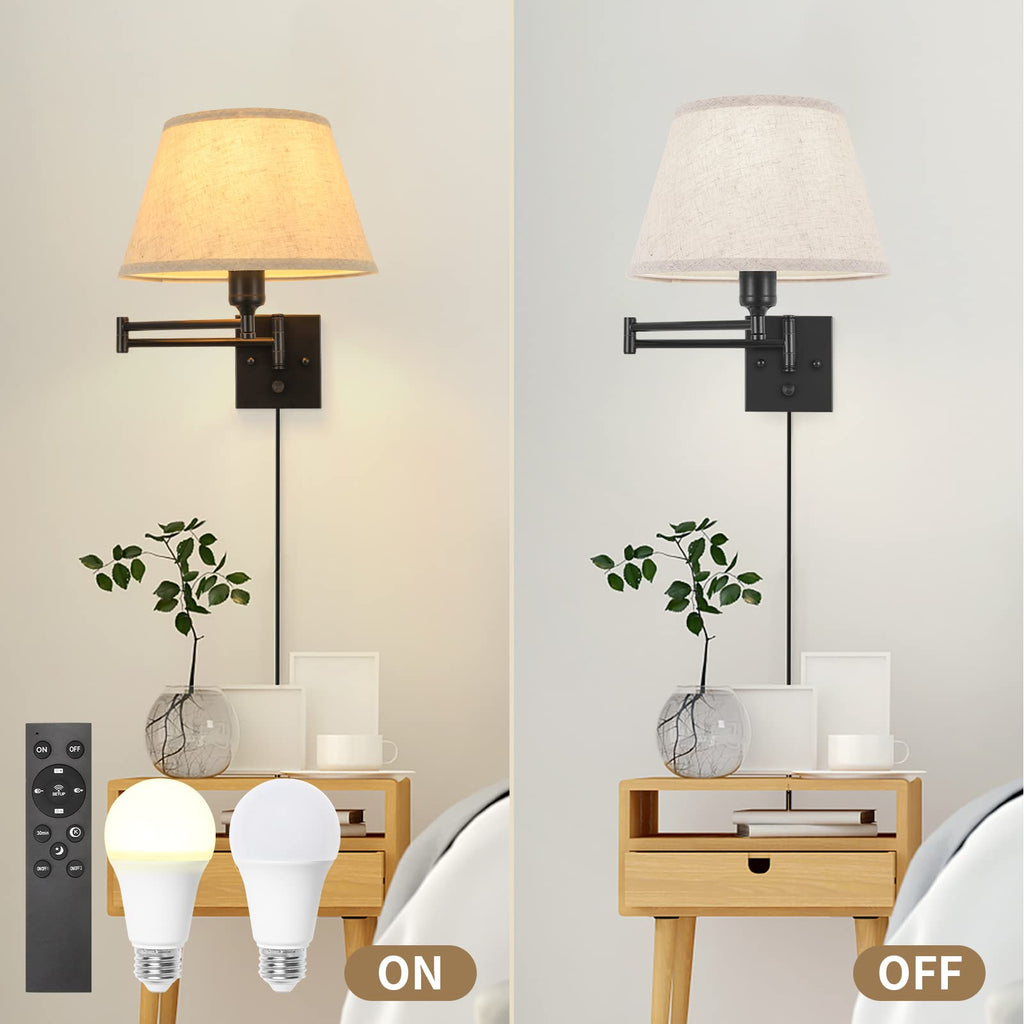 Wall Sconce Plug in, Remote Control Dimming 10-100% and Adjustable Color Temperature 2700K-6500K Swing Arm Wall