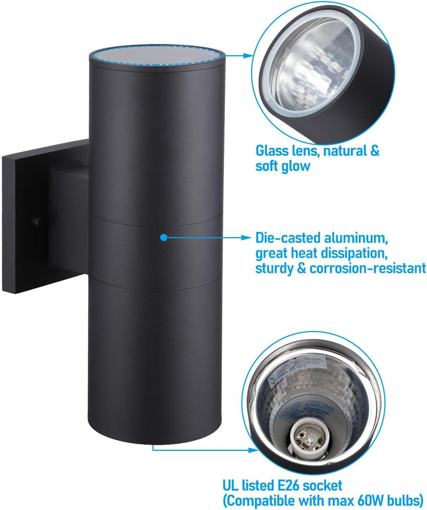 Modern Outdoor Cylinder Wall Lights 12", Up and Down Porch Patio Lights, Matte Black Waterproof Wall Sconce, Aluminum