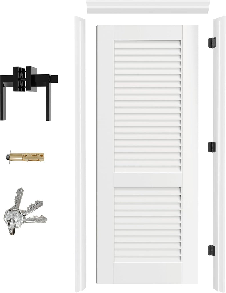 Prehung Door, Louver-Panel Door Slab with Door Jamb Hardware Kit & Black Door Lever, 30" x 80" Interior Door for Closet Bedroom Pantry, Easy Assemble - Right-Handed with Hinges