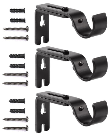 Adjustable Curtain Rod Brackets - Heavy Duty 1 Inch Curtain Rod Support (3 PCS, Black)