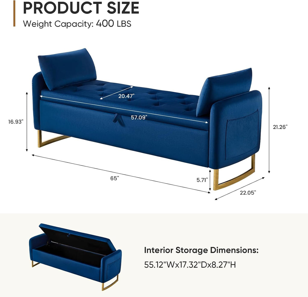 65" Storage Bench , Velvet End of Bed Bench, King Size Bed Benches for Foot with Tufted Button and Gold Legs