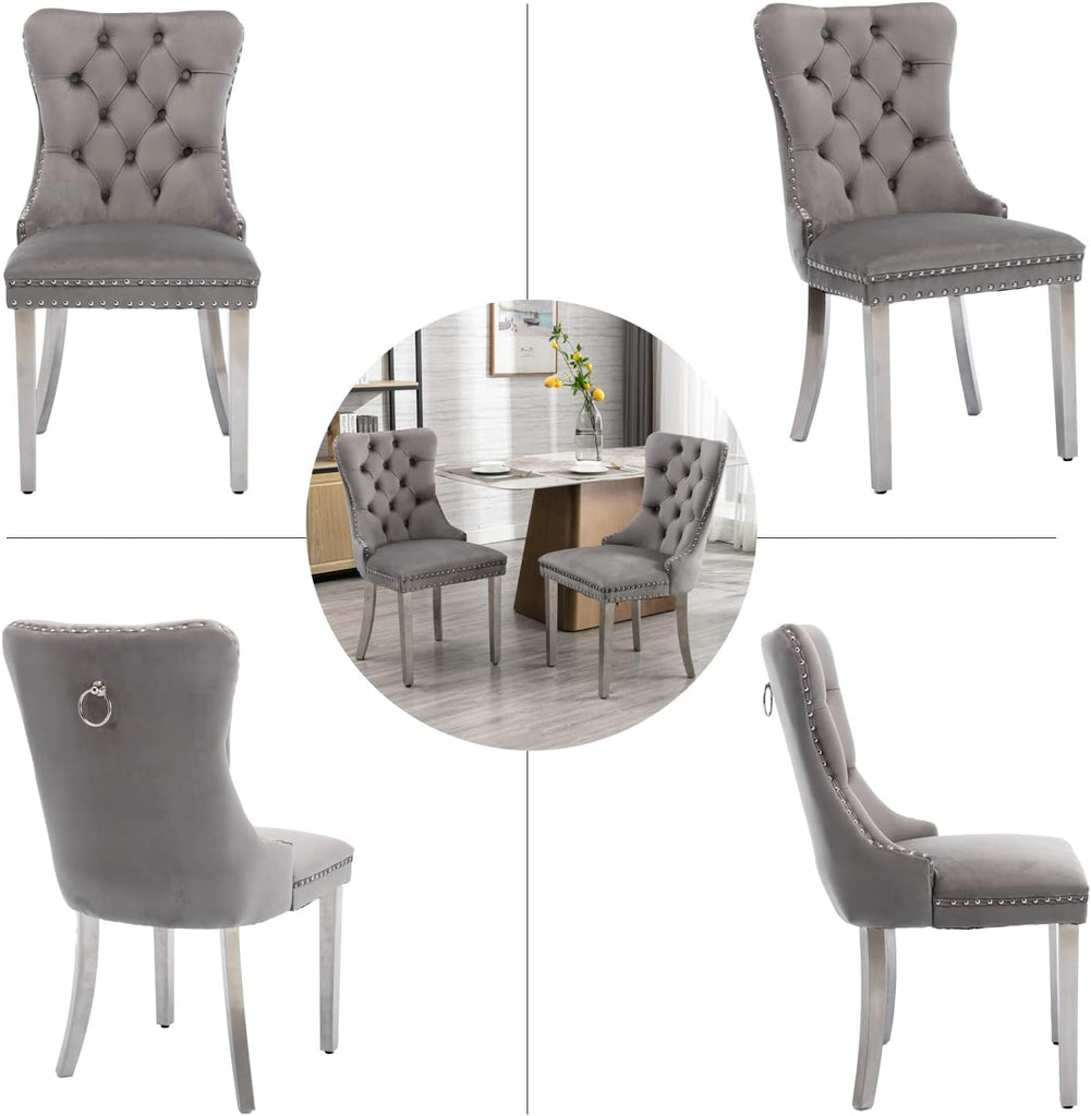 Grey Velvet Dining Chairs Set of 4, Tufted Back, Silver Metal Legs | Ring pull; wing back; nailhead trim; spring and