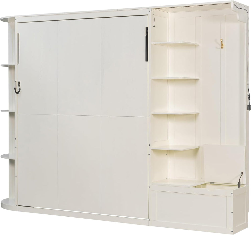 Queen Murphy Bed with Storage and Lights, Hidden Fold-Out Legs, Foldable Murphy Cabinet Bed with Hook, Built-in