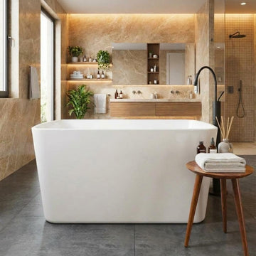 49" Acrylic Freestanding Bathtub - Japanese Square Soaking Tub with Built-in Seat & Toe-Tap Drain, Glossy White