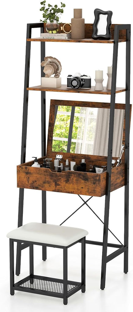 Vanity Desk Set with Flip-up Mirror, Ladder Vanity Table and Cushioned Stool Set w/ 4 Storage Compartments, Small