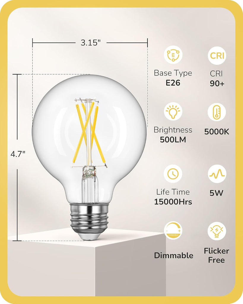6 Pack G25 Globe Light Bulbs, Dimmable Vintage LED Edison Bulbs, CRI90+ 5W Equivalent 60W, Clear LED Filament Vanity