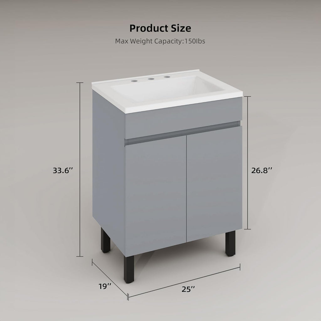 24 Inch Grey Bathroom Vanity with Undermount Sink, Modern Freestanding Sink Cabinet with Adjustable Legs, Soft-Close Double Doors & Drain