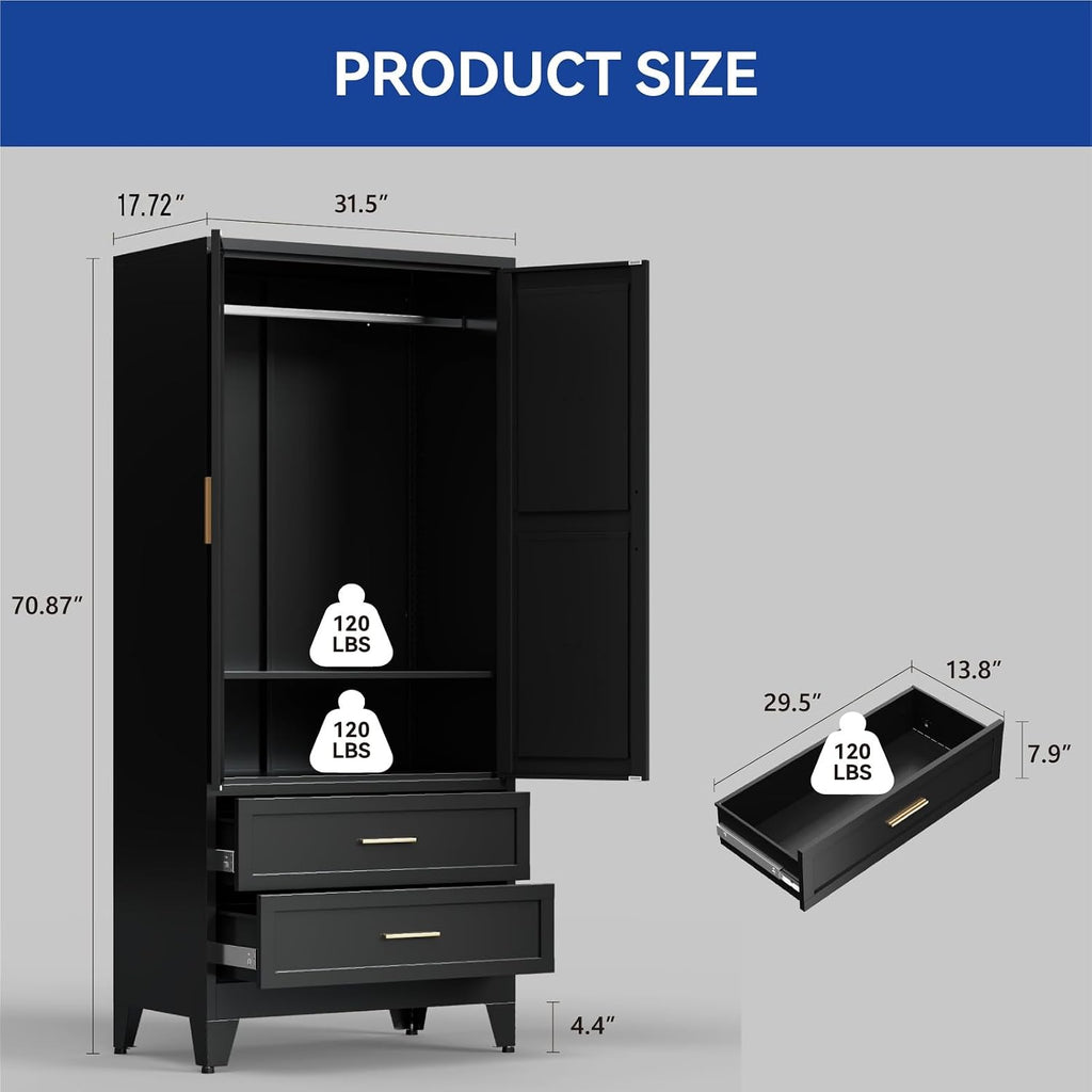 Armoire Wardrobe Closet with Drawers & Hanging Rod, 71'' Metal Wardrobe Closet with Doors & Adjustable Shelf
