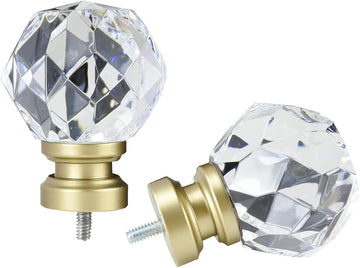 Decorative Curtain Rod Finials Luxury Crystal-clear Faceted, Round, Set of 2, Compatible with 1'' or 1-1/8'' dia
