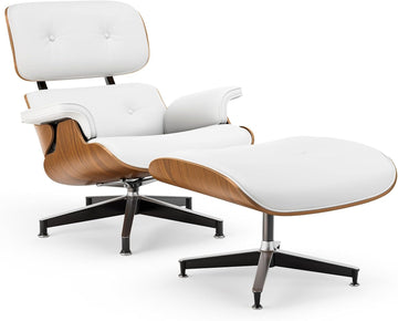Mid-Century Modern Lounge Chair & Ottoman — White PU Leather, Walnut Base, Standard