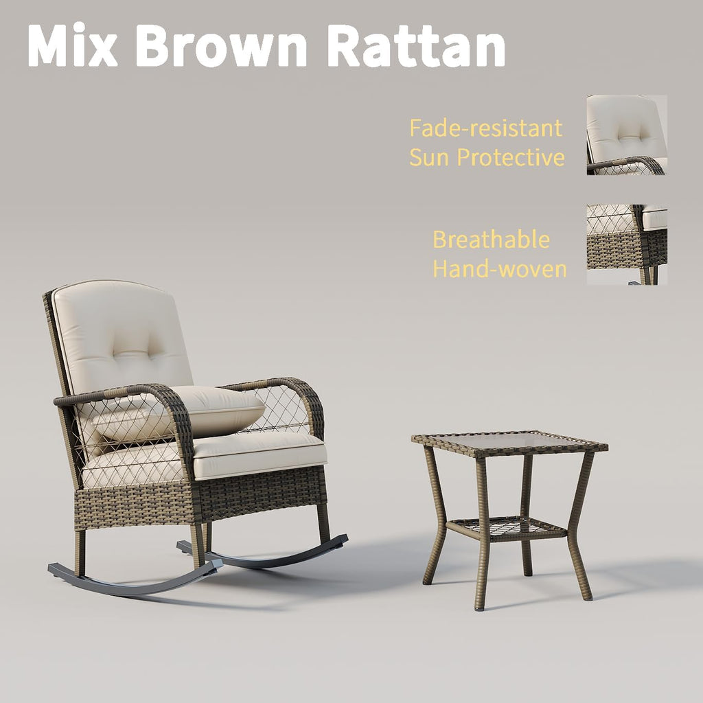Outdoor Wicker Rocking Chair, Patio Rattan Rocker Chair with Cushions & Steel Frame, All-Weather Rocking Lawn Wicker