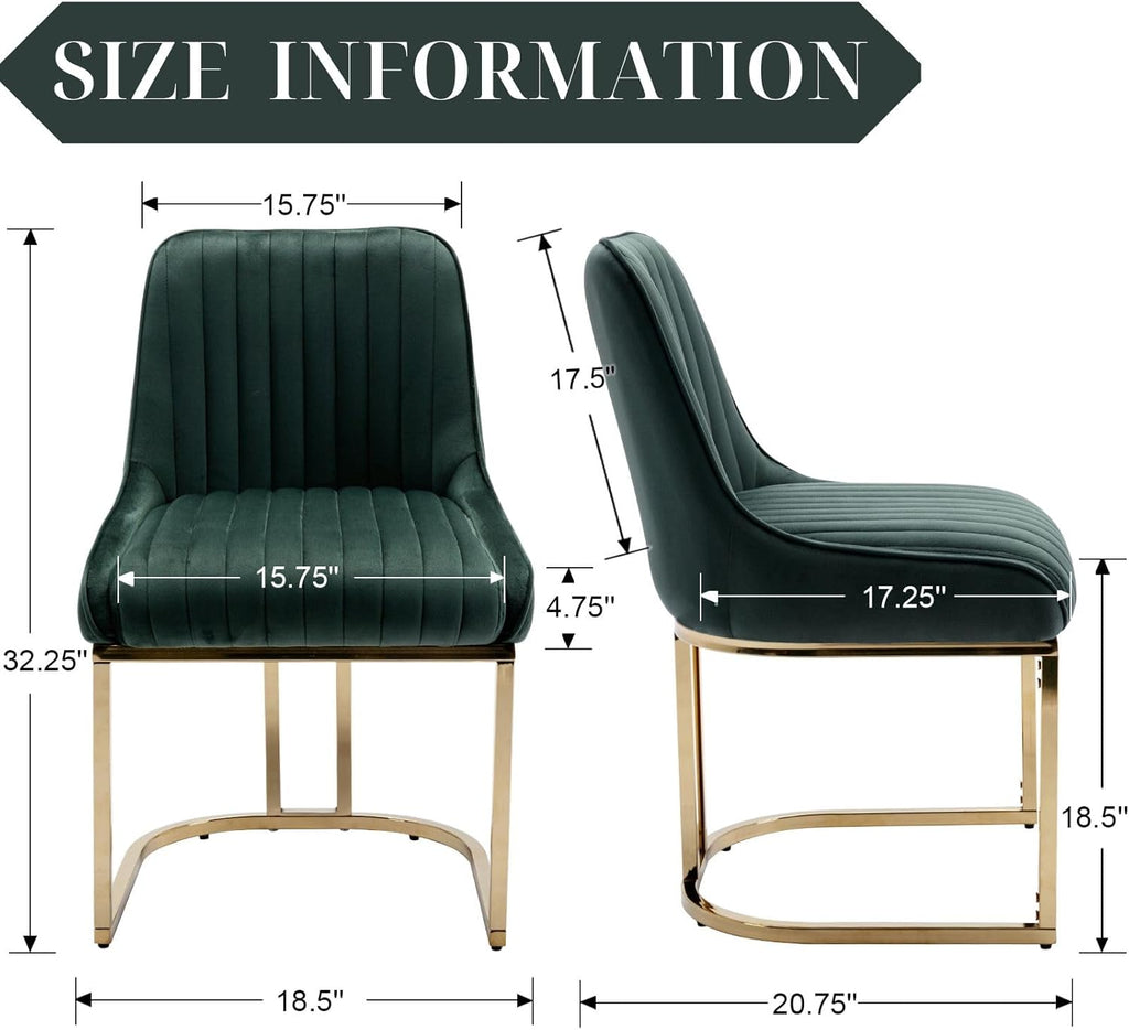 Velvet Dining Chairs Set of 2 Green Upholstered Dining Room Chairs with Gold Legs Modern Armless Kitchen Chairs with Back
