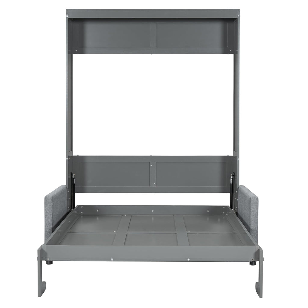 Full Size Murphy Bed, Wooden Full Murphy Bed with Cushion, Wall Bed with Sofa or Small Room, Gray