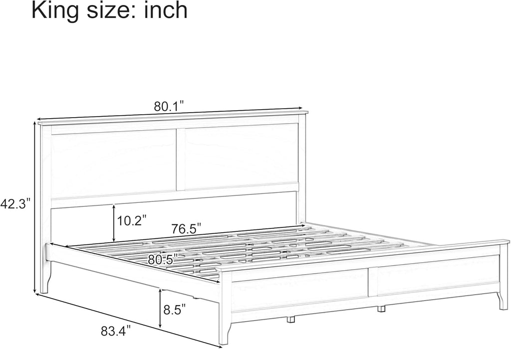 Modern Farmhouse Platform King Bed Frame, Solid Wood Platform Bed Frame with Headboard, Sturdy Wooden Foundation with Wood Slats for Living Room, Rustic Pine - White