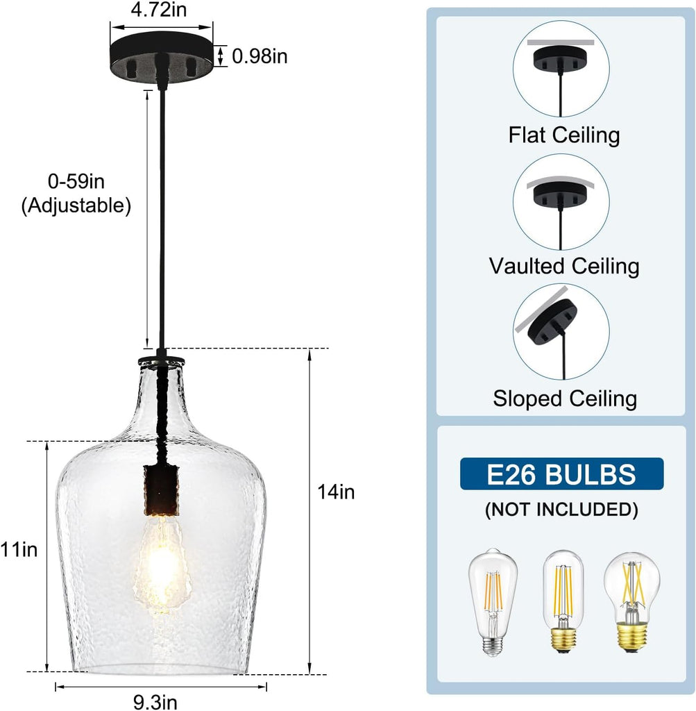 9.3" Blown Glass Pendant Lighting for Kitchen Island,Black Large Pendant Light Fixture with blown Thickened Glass,1