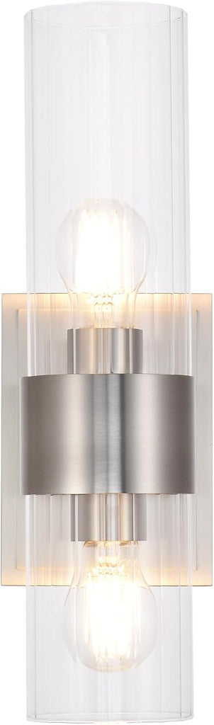 Bathroom Sconces Wall Lighting with Clear Ribbed Glass, Brushed Nickel 2-Light Bathroom Vanity Light Fixtures for