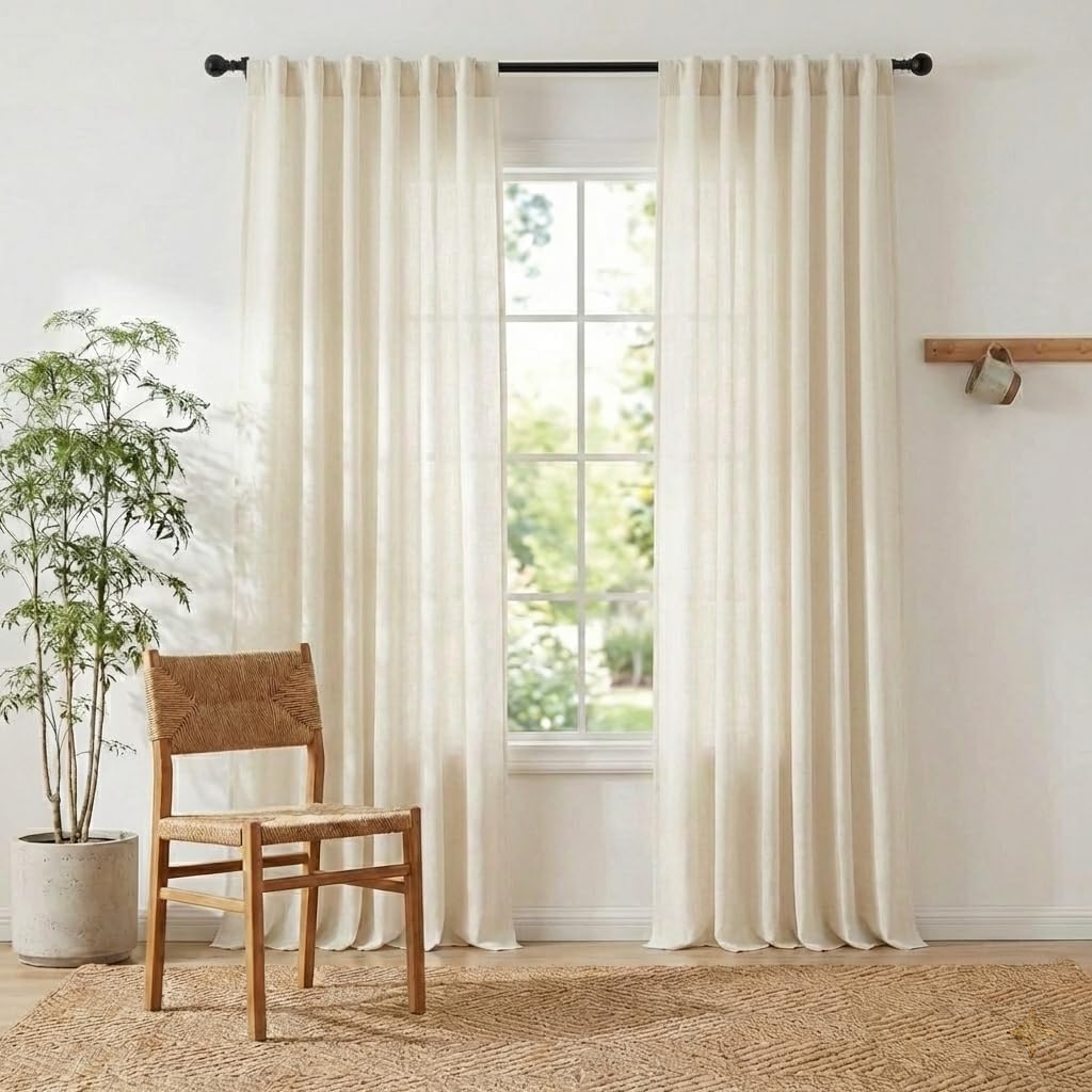 Natural Linen and polyester Curtains, Back Tab & Rod Pocket with Pleat Tab Privacy Added with Light