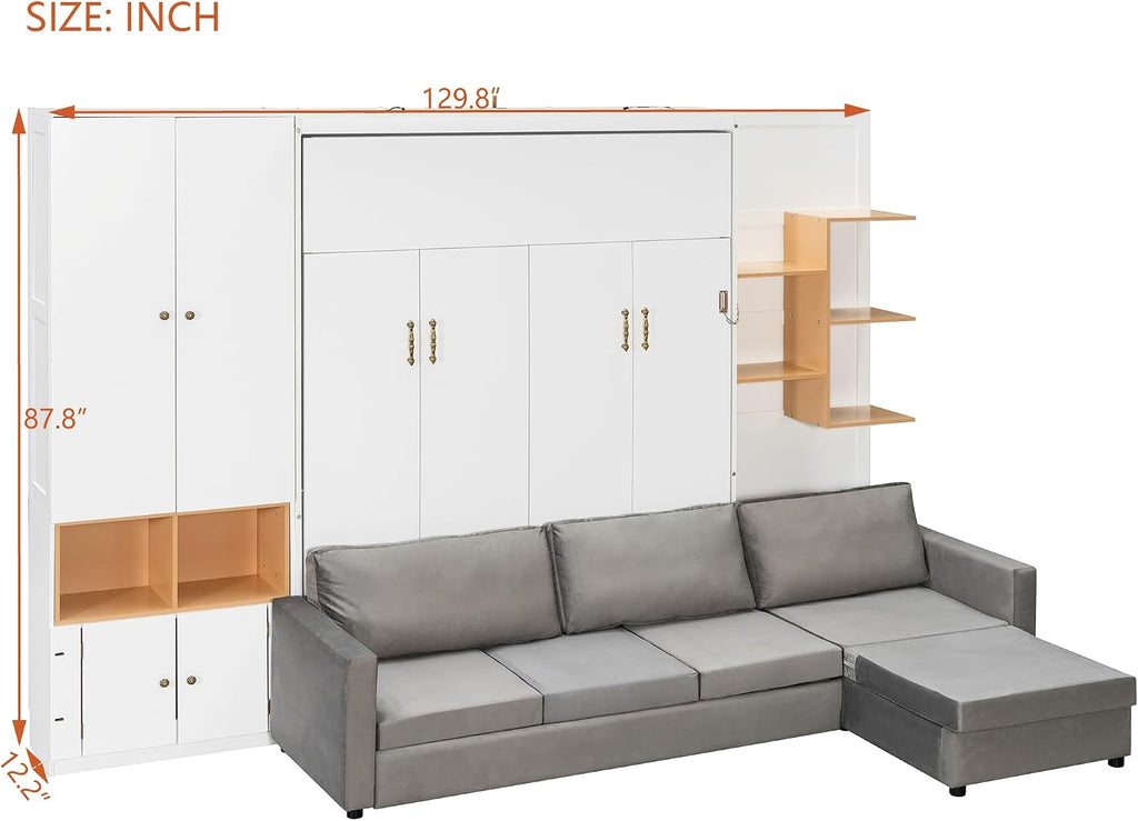 Queen Murphy Bed with Large Sofa, Storage Shelves & Cabinets, Modern Space-Saving Wall Bed with Dual Lights, White+Gray