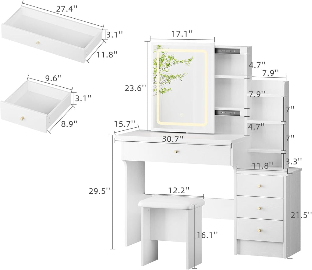 White Makeup Vanity Desk with Sliding Mirror & 4 Drawers | Smart LED Mirror, 3 Adjustable Lighting Modes, Vanity