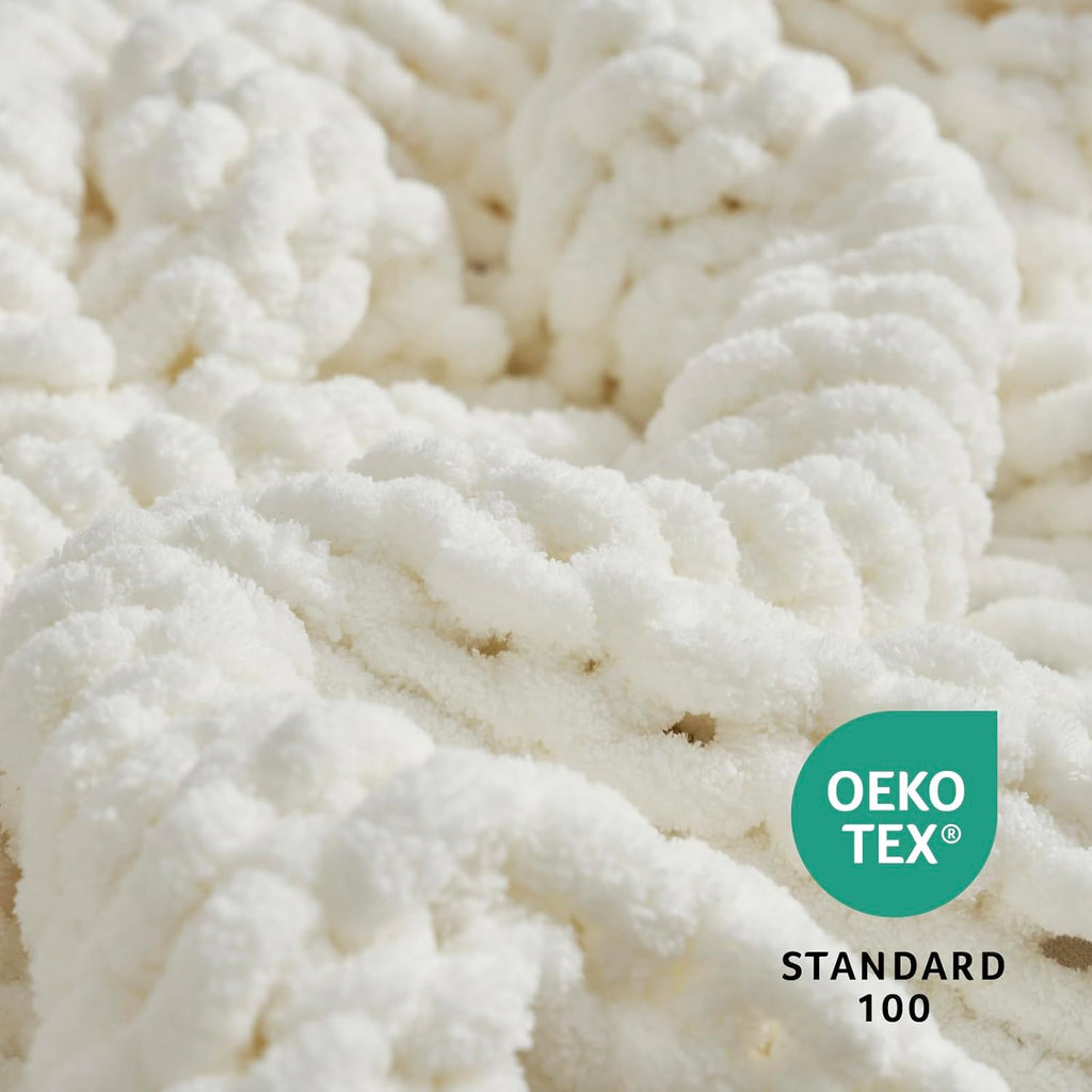 Chunky Knit Throw Blanket, Soft Chenille Handmade Crochet Throw Rope Knot Blanket, 50"x60", Ivory