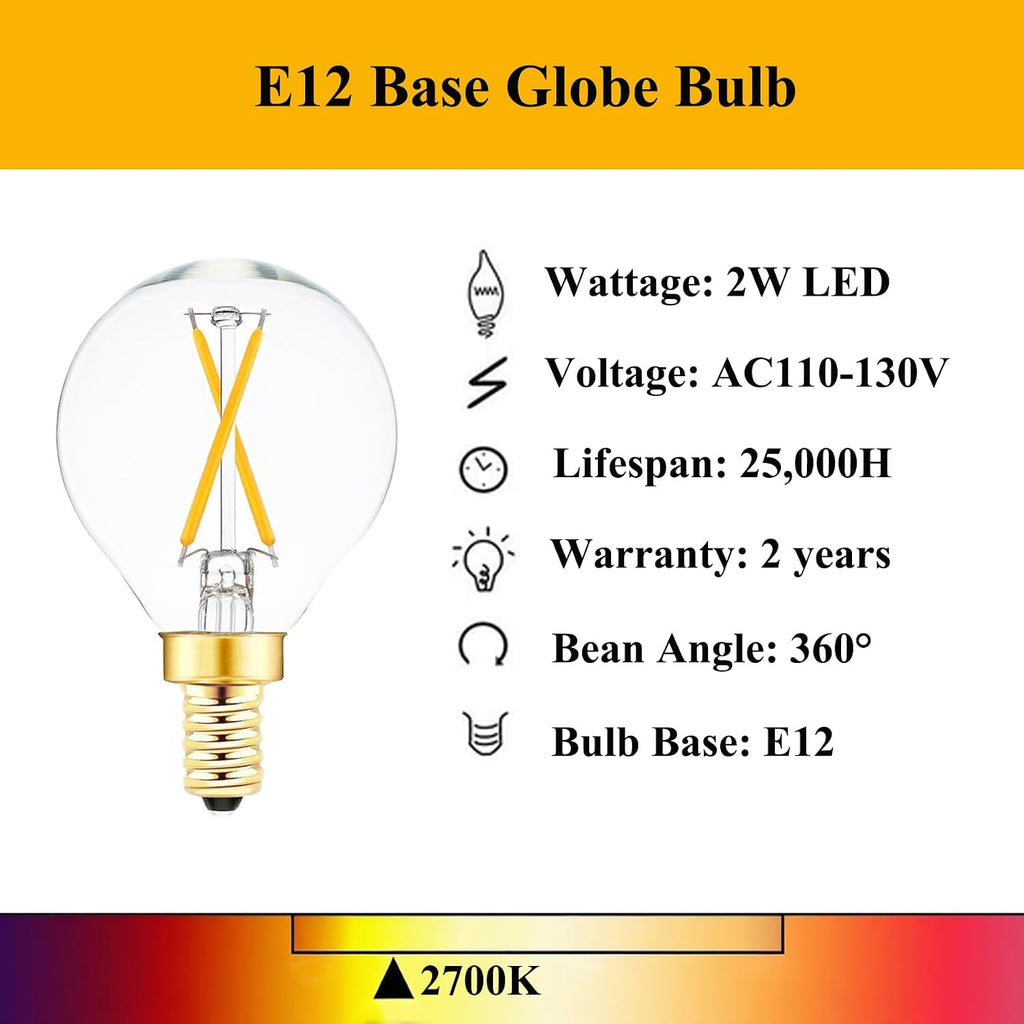 E12 Globe LED Bulb 25 Watt Equivalent Candelabra Base Round Bulb, G16.5 LED 2W Dimmable Warm White 2700K Clear Glass (Pack Of 6)