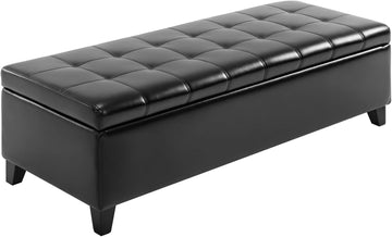 51" Ottoman Storage Bench Faux Leather Storage Chest Black | Lift Top, Tufted Ottoman, Living Room, Entryway