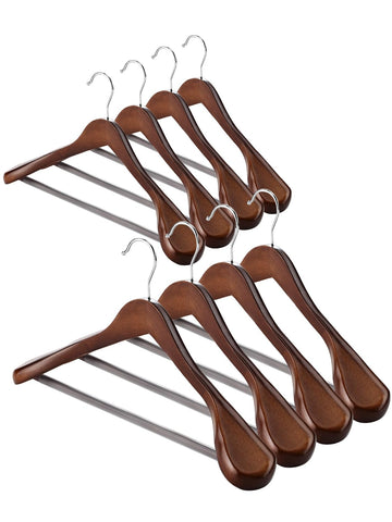 Wide Shoulder Wooden Hangers 8 Pack Coat Hanger with Non Slip Pants Bar, Heavy Duty Suit Hanger Wood Clothes Hangers