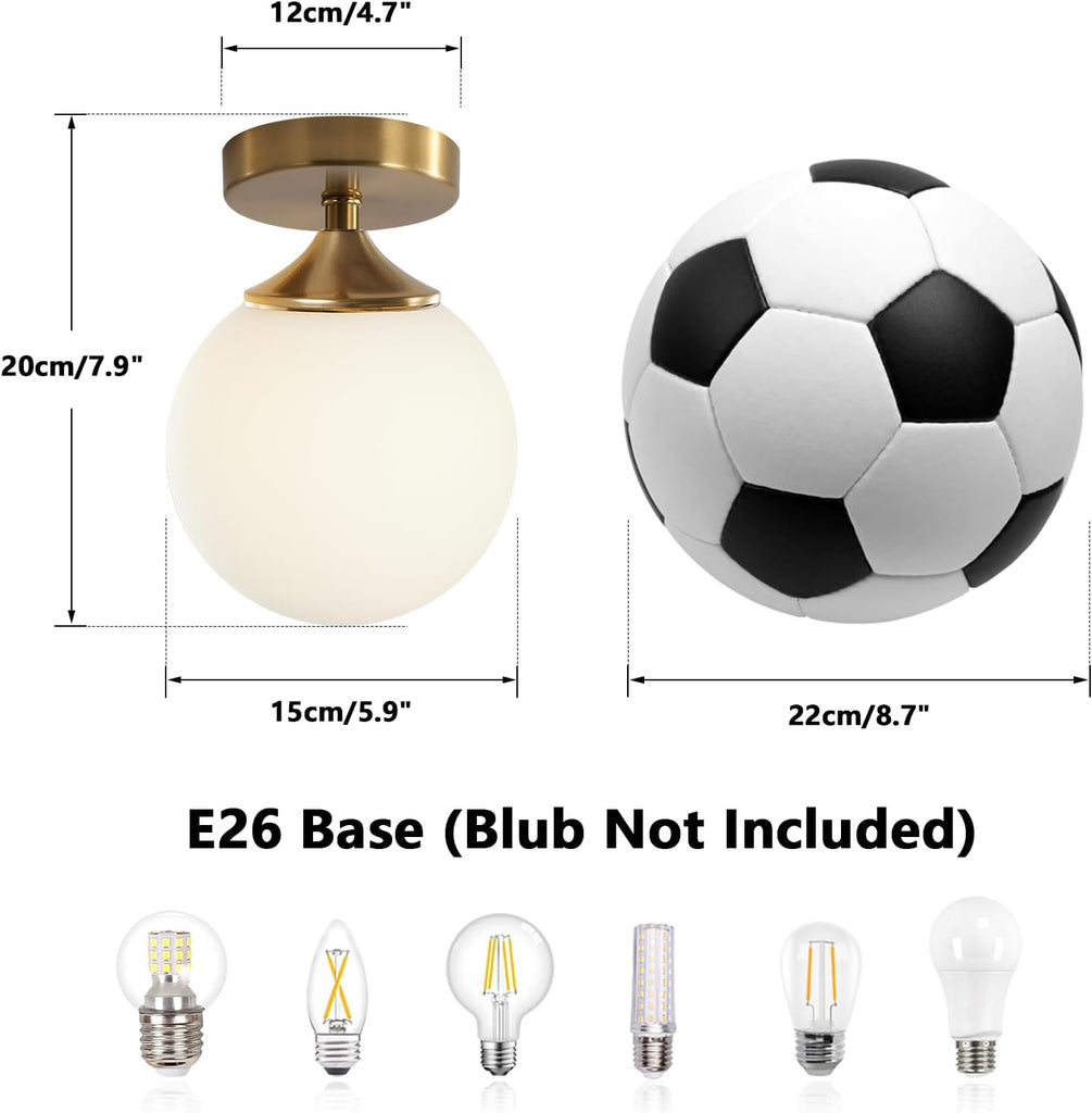 Brass Gold Small 5.9" Milk Glass Globe Semi Flush Mount Ceiling Light | E26 Hardwired Indoor, Mid Century Modern