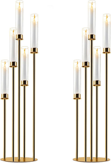 Gold Candelabra with Glass Cylinders for Real Candles 5 Arms Metal Candle Holder Wedding Event Party Home Decoration