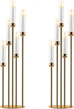 Gold Candelabra with Glass Cylinders for Real Candles 5 Arms Metal Candle Holder Wedding Event Party Home Decoration