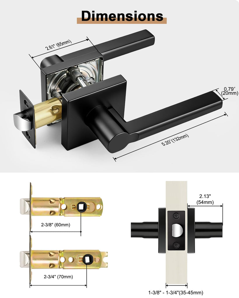 Interior Passage Door Handle, 2 Pack Matte Black Square Non-Locking Lever, Heavy Duty Reversible for Closet and