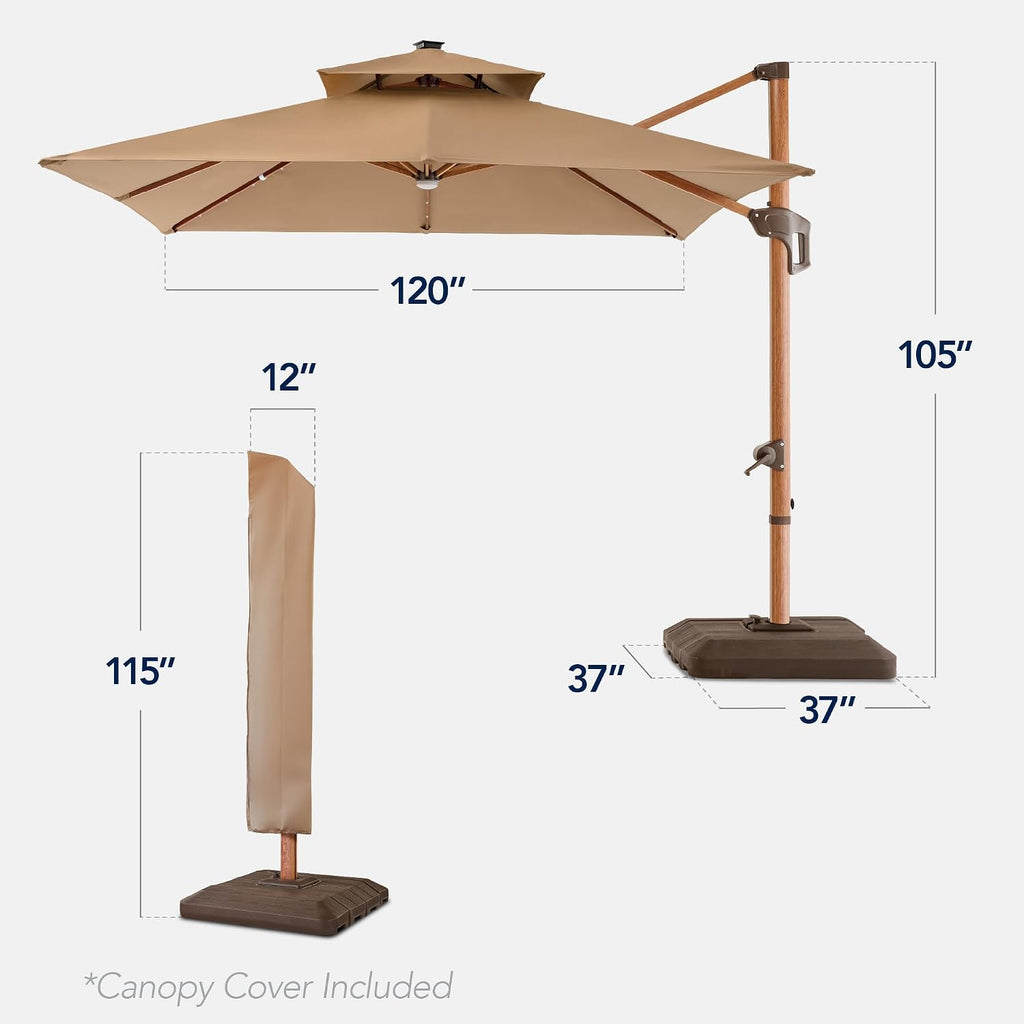 10ft Square Cantilever Patio Umbrella w/Base Included, Woodgrain Pattern Pole & Solar LED Lights, 360-Rotation