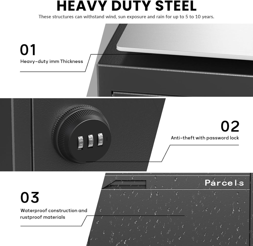 Package Delivery Box, Pre-Assembled No-Install Parcel Drop Box, Weatherproof Anti-Theft Steel Design (Forged Iron Black)