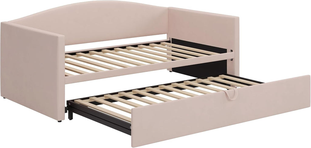 Twin Velvet Daybed with Extended Pop-Up Trundle, Pink | Upholstered Sofa Bed with Space-Saving Twin-to-King Design