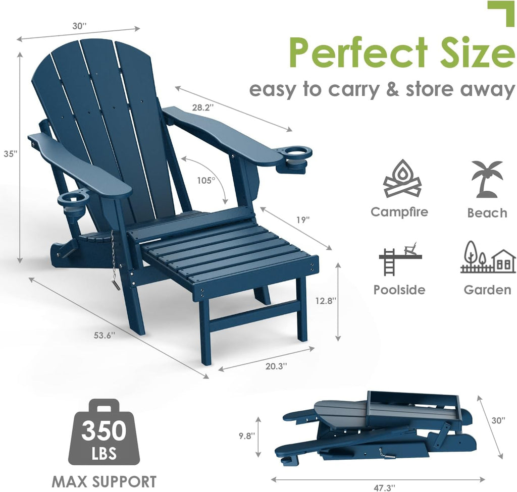 Folding Adirondack-Chairs-with-Ottoman Set of 2, HDPE, Blue | Retractable Foot Rest | Hidden Cup Holders | 5" Wide