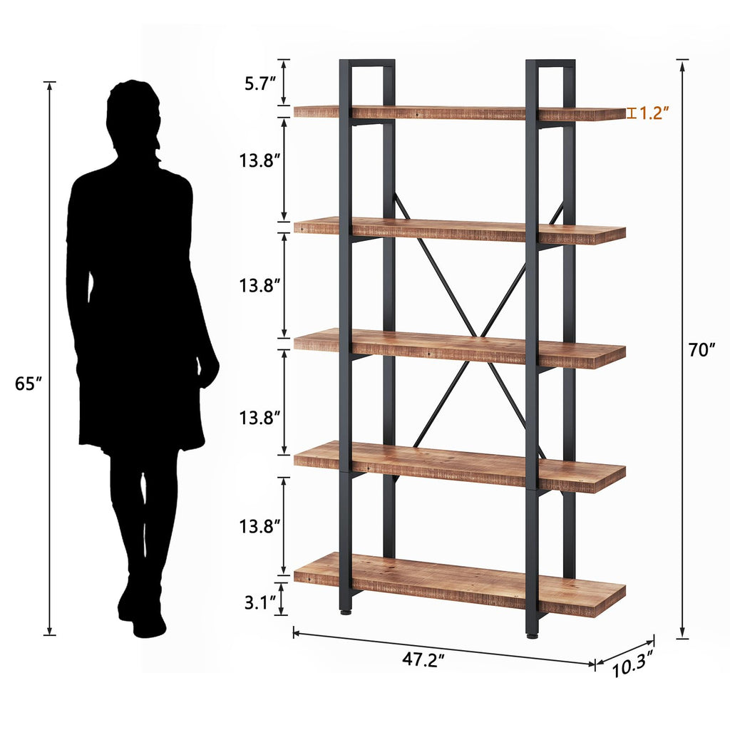 5 Tier Industrial Solid Wood Bookshelf, Distressed Brown