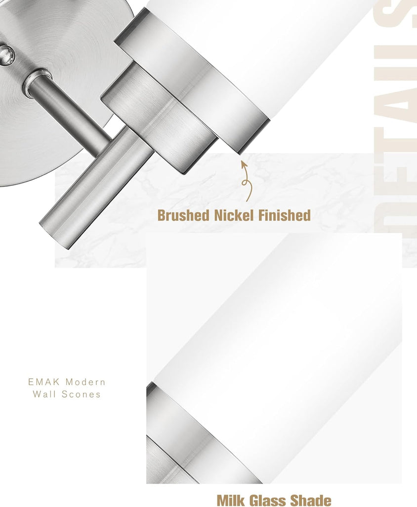 Brushed Nickel Sconces Wall Lighting, Modern Vanity Lights with Milk Glass Shade, Wall Sconce , WS085-BN-ML-2PK