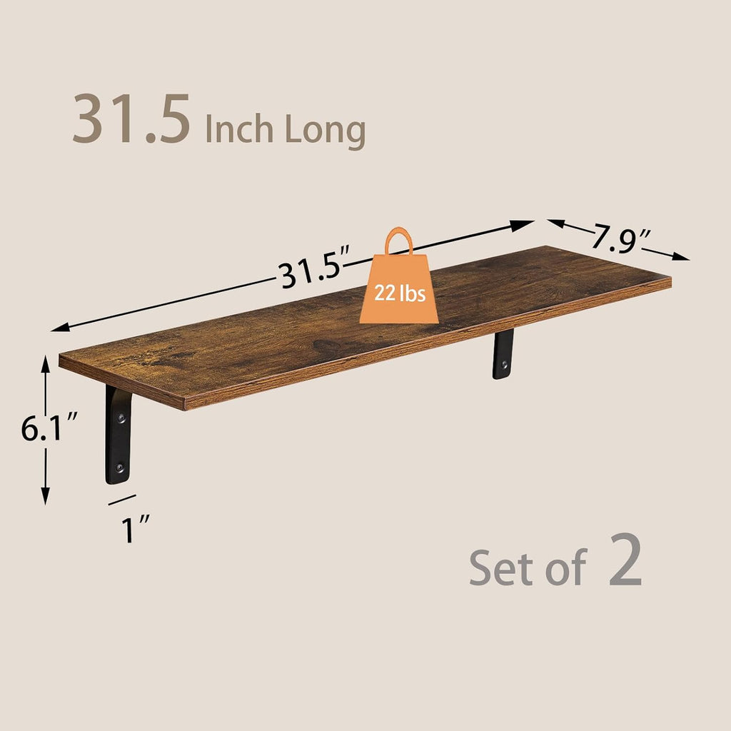 Long Wall Shelves, 31.5Inch Wooden Wall Mounted Shelves, Set of 2 | Floating Book Shelf, Metal Bracket Easy Assembly