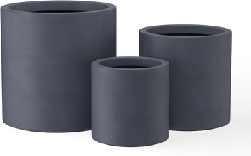 Set of 3 Charcoal Concrete Cylinder Planters 15.8" 12.9" 15.8" Dia | Drainage for Outdoor, Rubber Plug for Indoor