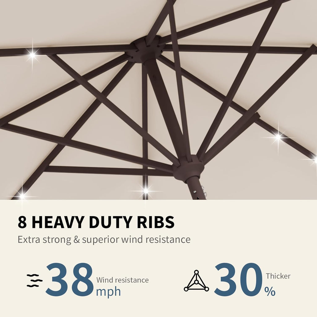 9FT Patio Umbrella with Solar Lights,Outdoor Market Umbrella with Tilt and Crank