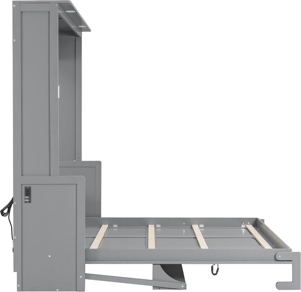 Queen Murphy Bed with Desk, LED Lights and USB Charging Ports, Wall-Mounted Space-Saving Bed, Solid MDF + Plywood