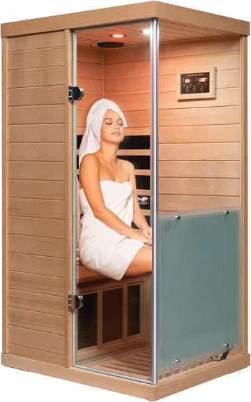 Sauna Infrared Saunas for Home 1 Person, 1060W Far Infrared Sauna Room Hemlock Wood Indoor Saunabox with Tempered Glass, Blue-Tooth Speakers, LCD-Display Control Panel